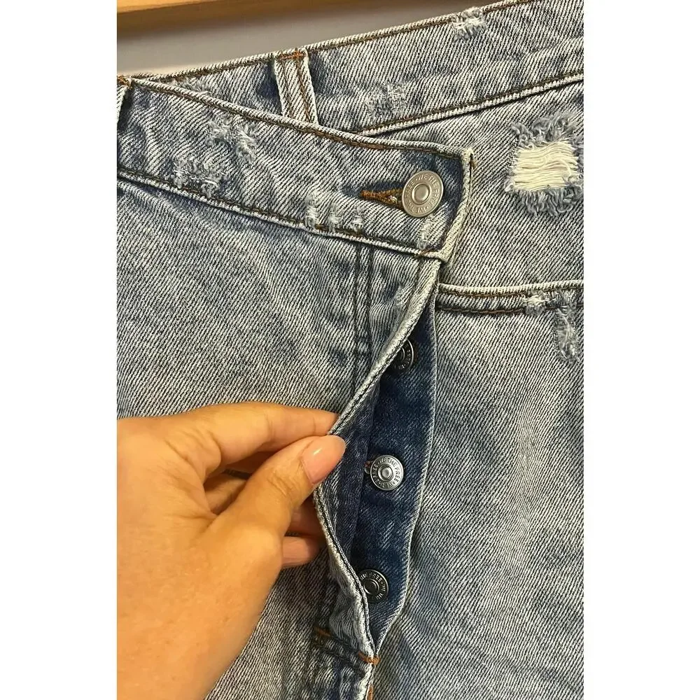 Free People Parker Wrap Distressed Denim Mini Skirt Blue Light Wash sz. 25